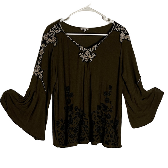 LUCKY BRAND Black Floral Long Sleeve Tee, Women’s 1X, Dark Olive Green - Picture 1 of 7